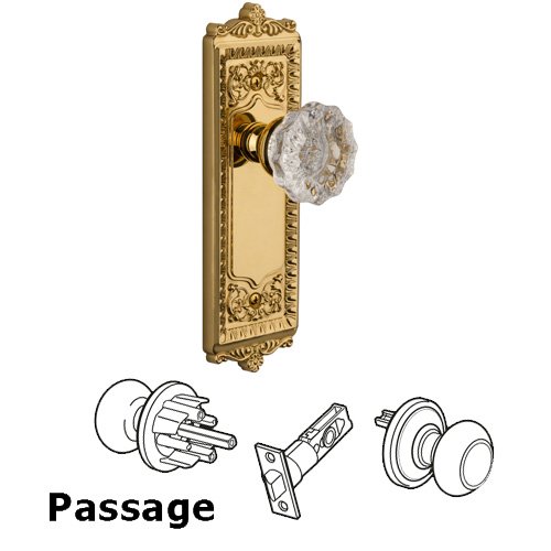 Grandeur Passage Knob - Windsor Plate with Fontainebleau Crystal Door Knob in Polished Brass