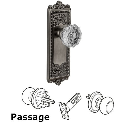 Grandeur Passage Knob - Windsor Plate with Fontainebleau Crystal Door Knob in Antique Pewter