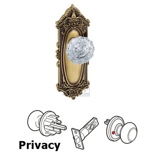 Grandeur Privacy Knob - Grande Victorian Plate with Versailles Crystal Door Knob in Vintage Brass