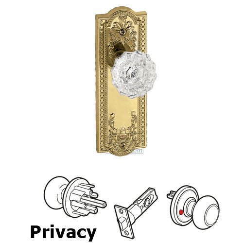 Grandeur Privacy Knob - Parthenon Plate with Versailles Crystal Door Knob in Polished Brass