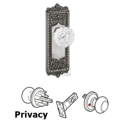 Grandeur Privacy Knob - Windsor Plate with Versailles Crystal Door Knob in Antique Pewter