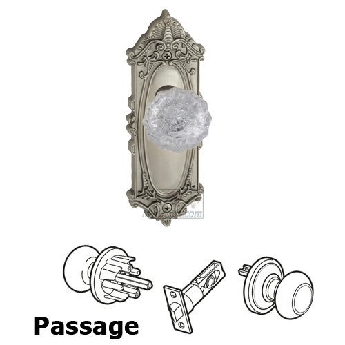 Grandeur Passage Knob - Grande Victorian Plate with Versailles Crystal Door Knob in Satin Nickel