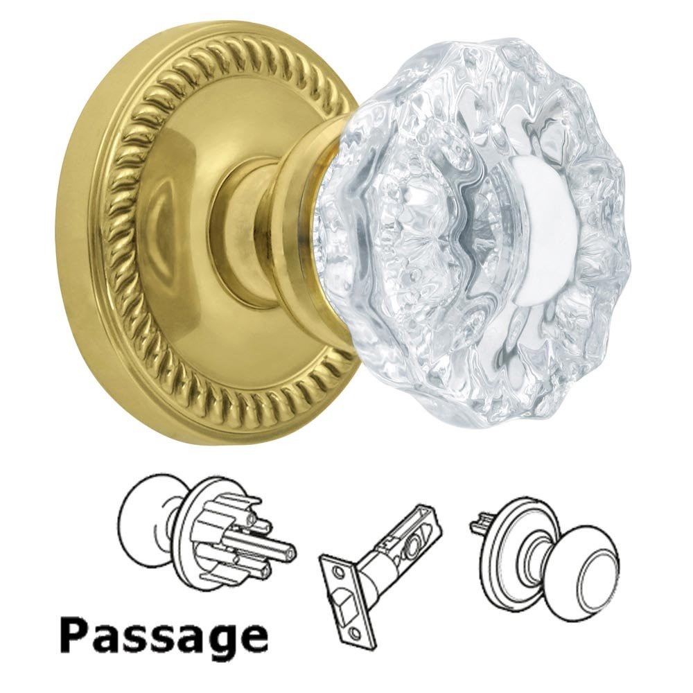 Grandeur Passage Knob - Newport Rosette with Versailles Crystal Door Knob in Polished Brass
