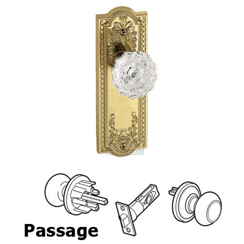 Grandeur Passage Knob - Parthenon Plate with Versailles Crystal Door Knob in Polished Brass