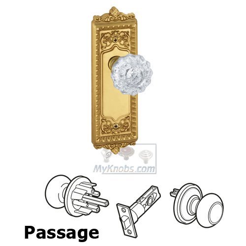 Grandeur Passage Knob - Windsor Plate with Versailles Crystal Door Knob in Polished Brass