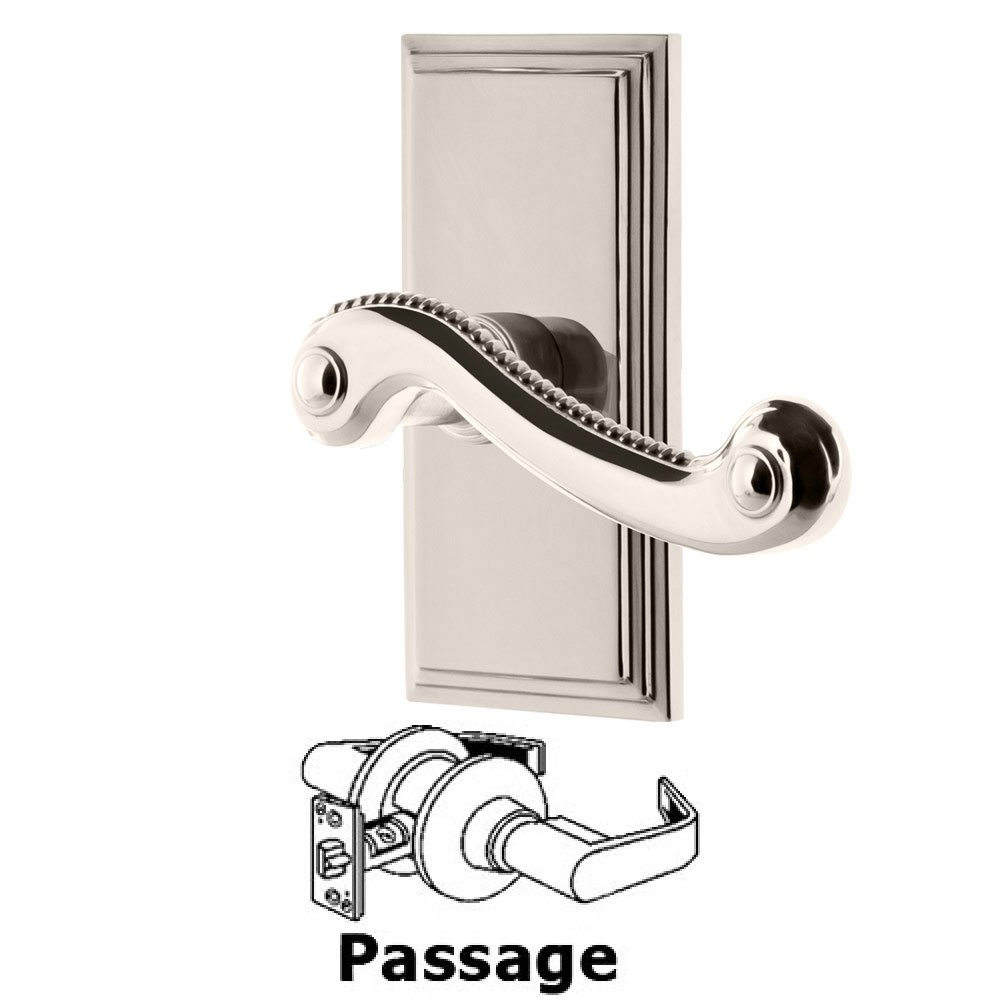 Grandeur Passage Carre Plate with Newport Right Handed Lever in Polished Nickel