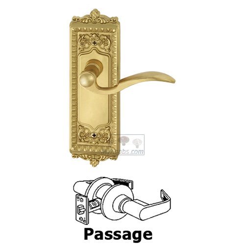 Grandeur Passage Windsor Plate with Right Handed Bellagio Door Lever in Lifetime Brass