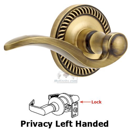 Grandeur Left Handed Privacy Lever - Newport Rosette with Bellagio Door Lever in Vintage Brass