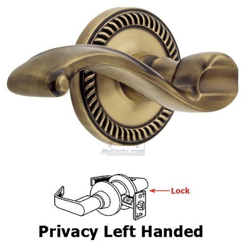 Grandeur Left Handed Privacy Lever - Newport Rosette with Portofino Door Lever in Vintage Brass