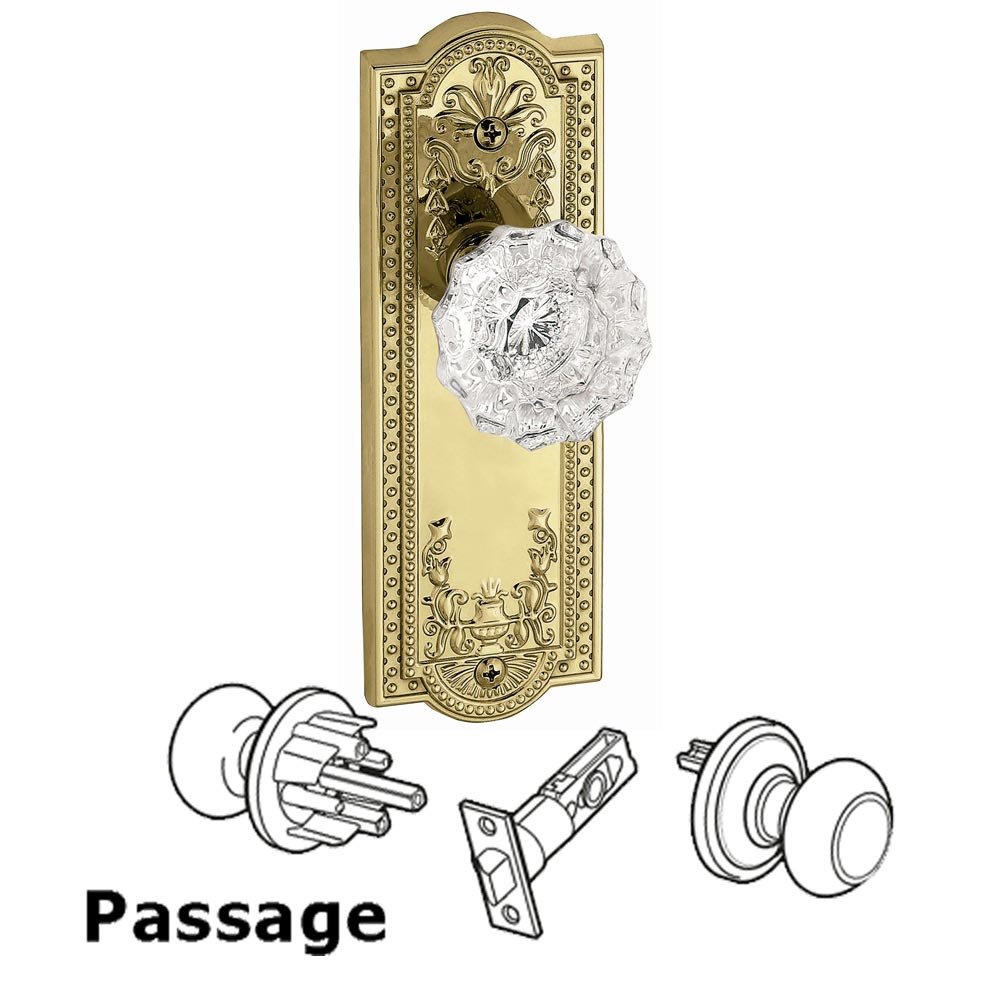 Grandeur Passage Knob - Parthenon Rosette with Fontainebleau Crystal Door Knob in Lifetime Brass