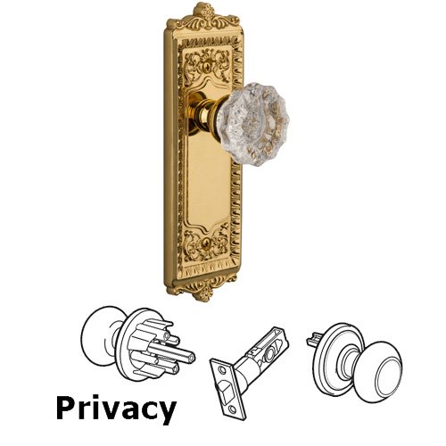 Grandeur Privacy Knob - Windsor Plate with Fontainebleau Crystal Door Knob in Lifetime Brass