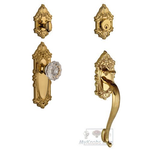 Grandeur Handleset - Grande Victorian with "S" Grip and Fontainebleau Crystal Door Knob in Lifetime Brass