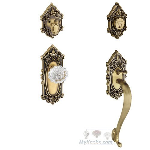 Grandeur Handleset - Grande Victorian "S" Grip and Fontainebleau Crystal Knob in Vintage Brass