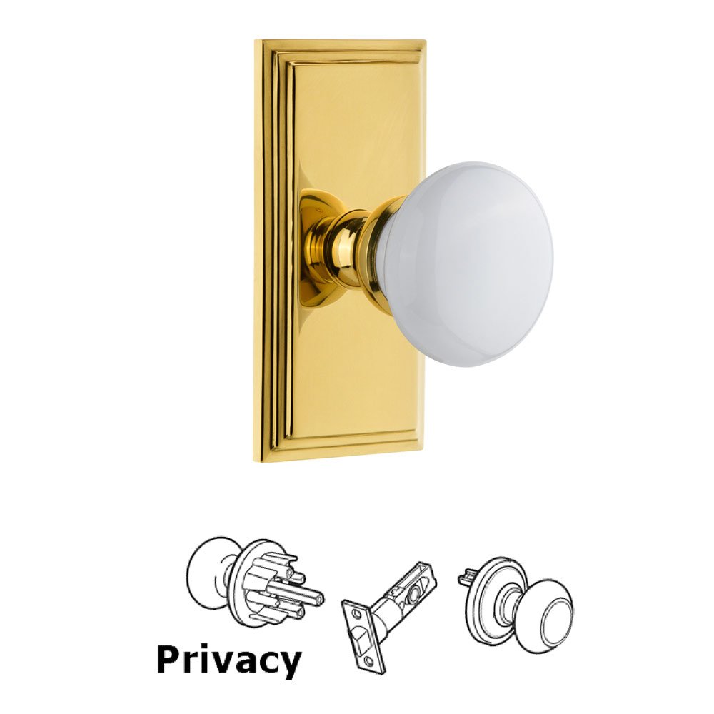Grandeur Carre Plate Privacy with Hyde Park White Porcelain Knob in Lifetime Brass