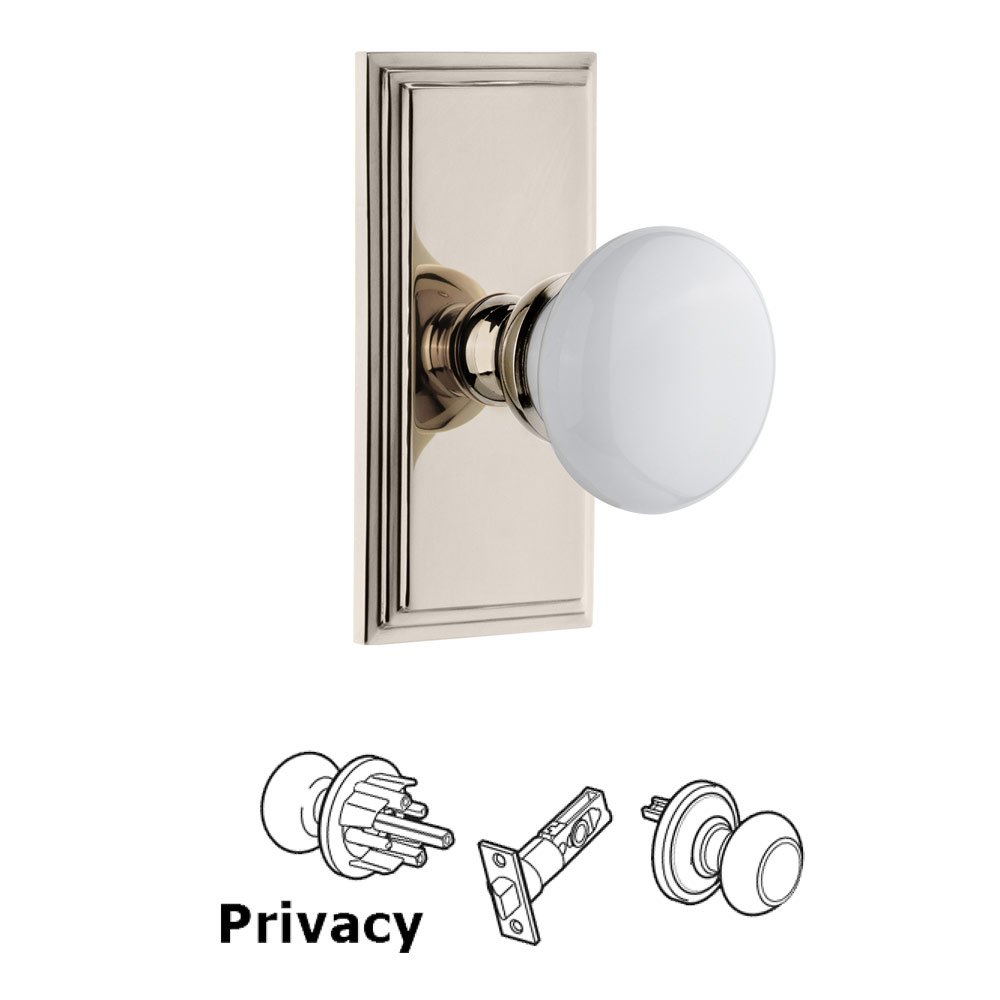 Grandeur Carre Plate Privacy with Hyde Park White Porcelain Knob in Polished Nickel