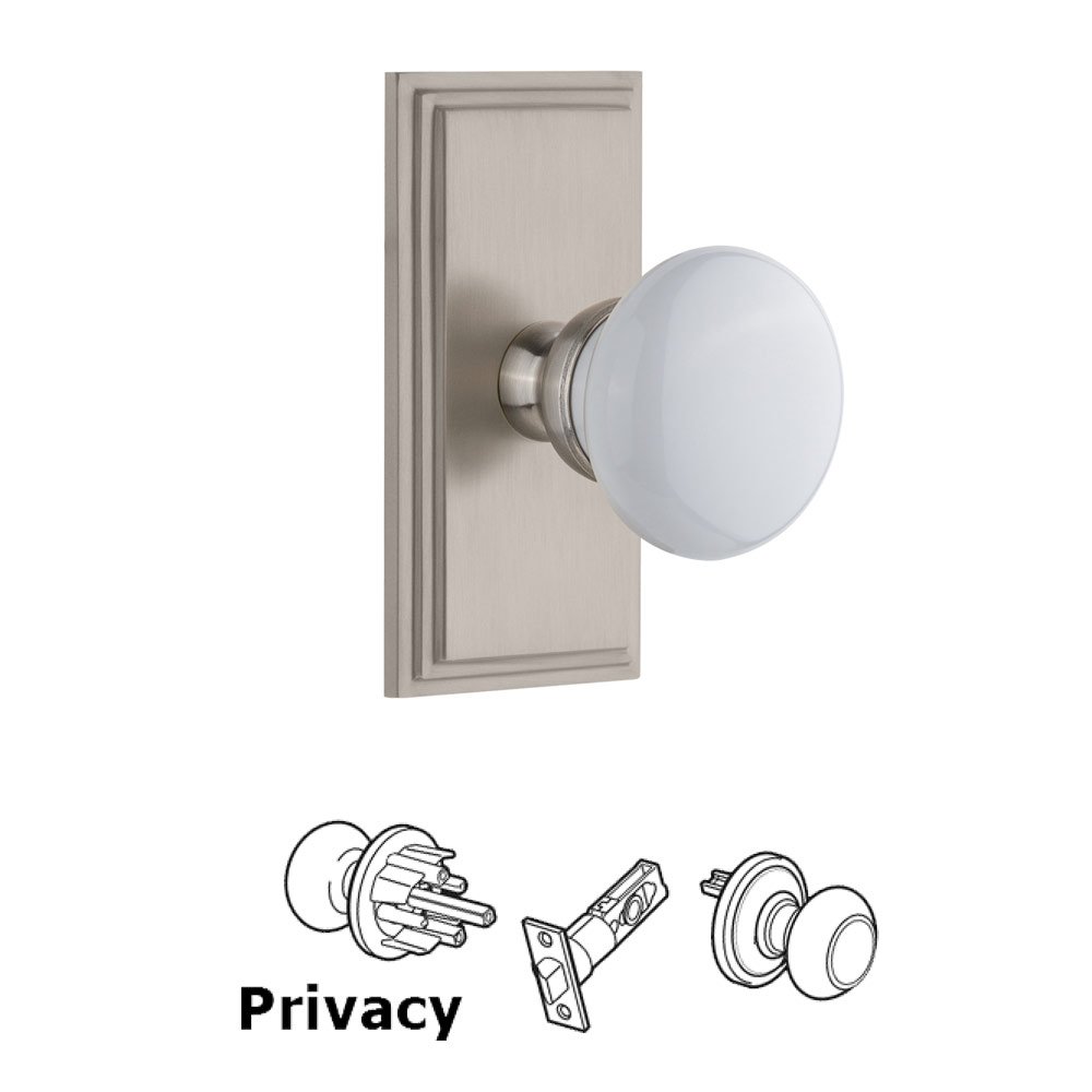 Grandeur Carre Plate Privacy with Hyde Park White Porcelain Knob in Satin Nickel