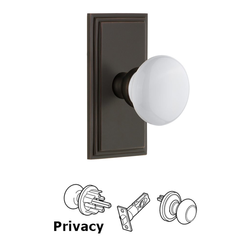 Grandeur Carre Plate Privacy with Hyde Park White Porcelain Knob in Timeless Bronze