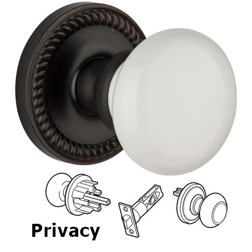 Grandeur Privacy Knob - Newport Rosette with Hyde Park White Porcelain Knob in Timeless Bronze