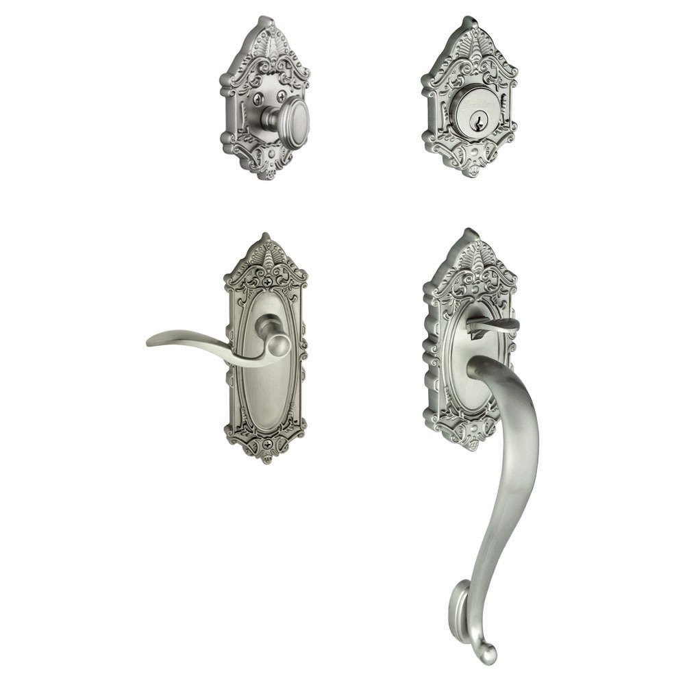 Grandeur Handleset - Grande Victorian with "S" Grip and Right Handed Bellagio Door Lever in Satin Nickel