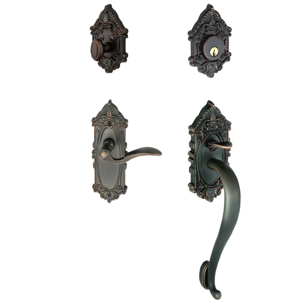 Grandeur Handleset - Grande Victorian with "S" Grip and Left Handed Bellagio Door Lever in Timeless Bronze