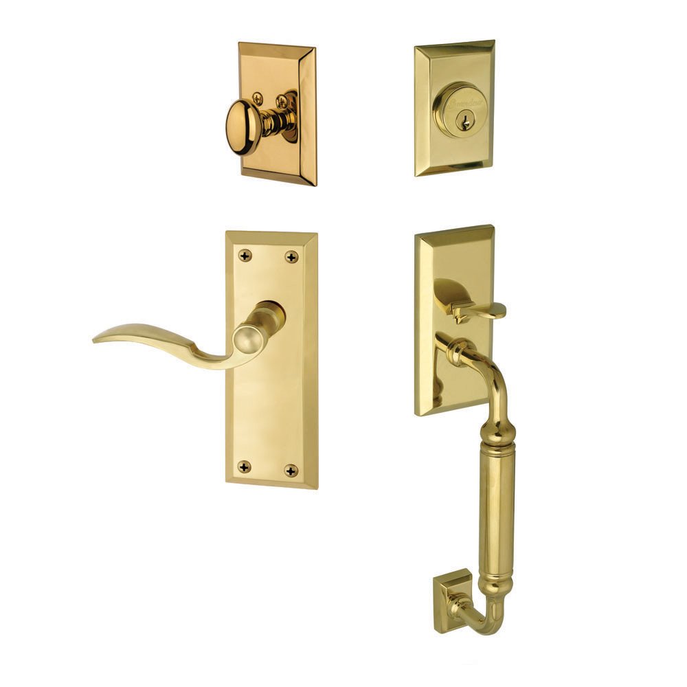 Grandeur Fifth Avenue with "C" Grip and Right Handed Bellagio Door Lever in Lifetime Brass