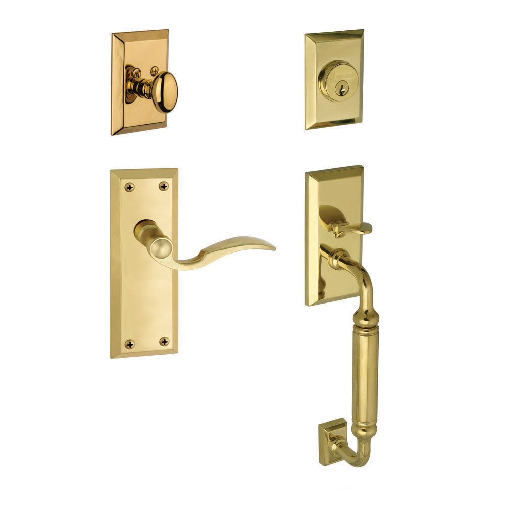 Grandeur Fifth Avenue with "C" Grip and Left Handed Bellagio Door Lever in Lifetime Brass