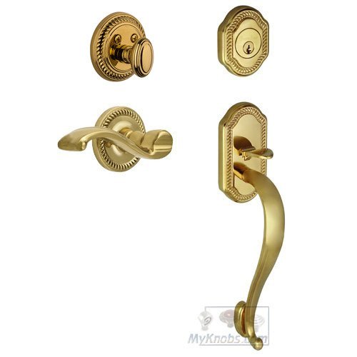 Grandeur Handleset - Newport with "S" Grip and Portofino Right Handed Lever in Lifetime Brass