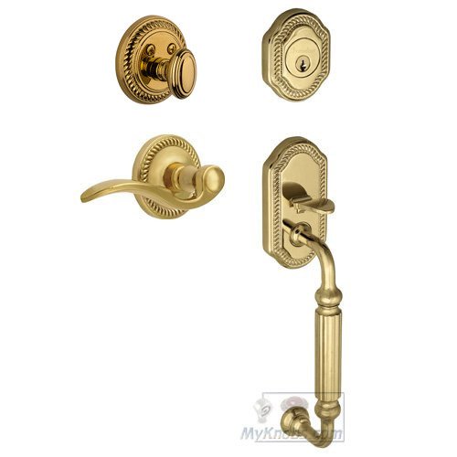 Grandeur Handleset - Newport with "F" Grip and Bellagio Right Handed Lever in Lifetime Brass