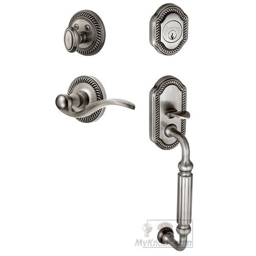 Grandeur Handleset - Newport with "F" Grip and Bellagio Left Handed Lever in Antique Pewter