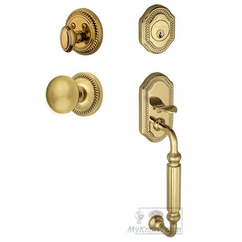 Grandeur Handleset - Newport with "F" Grip and Fifth Avenue Knob in Lifetime Brass