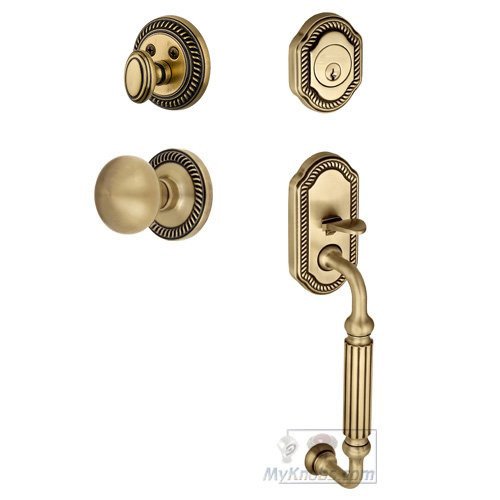 Grandeur Handleset - Newport with "F" Grip and Fifth Avenue Knob in Vintage Brass