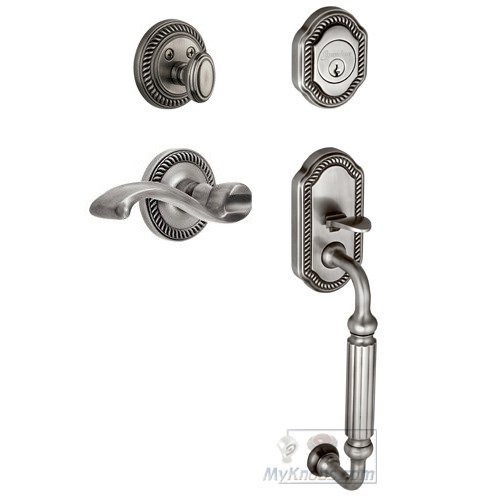 Grandeur Handleset - Newport with "F" Grip and Portofino Right Handed Lever in Antique Pewter