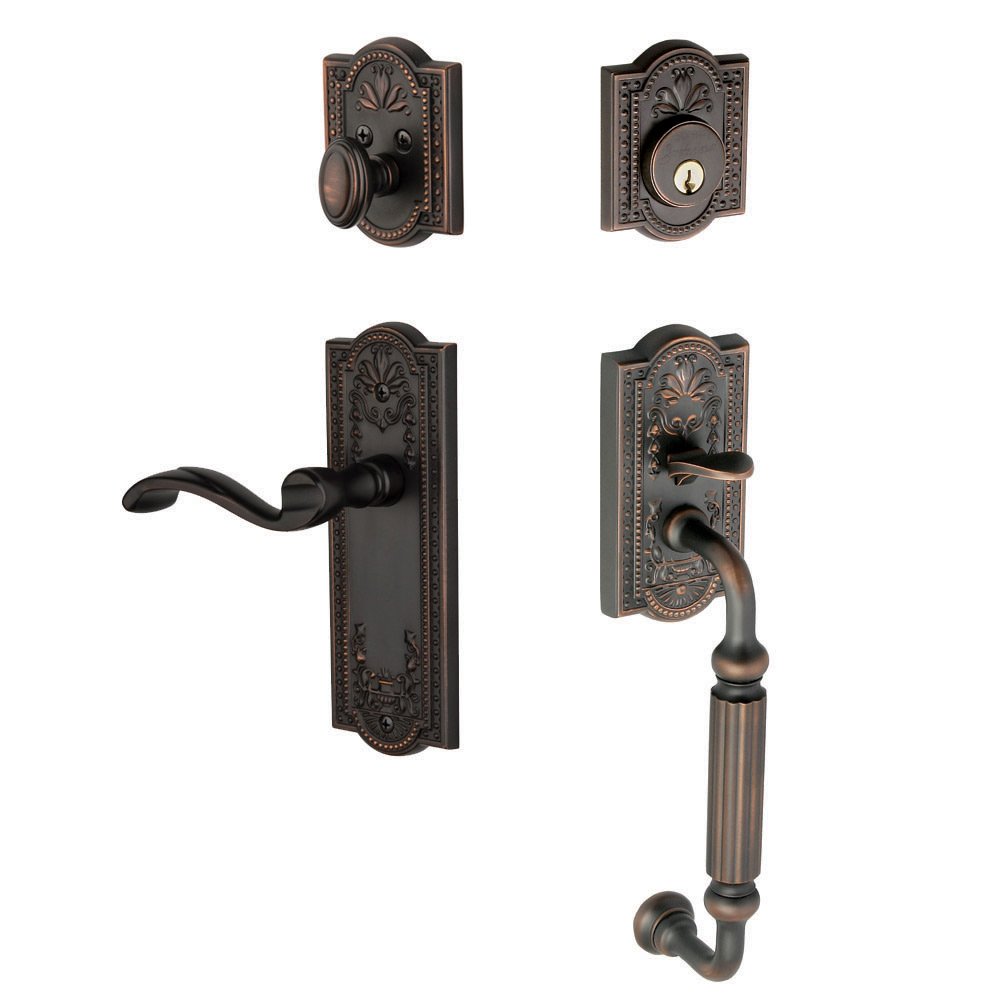 Grandeur Parthenon with "F" Grip and Right Handed Portofino Door Lever in Timeless Bronze