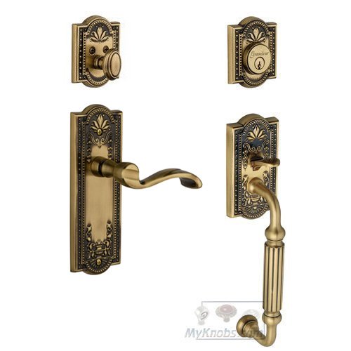 Grandeur Parthenon with "F" Grip and Portofino Right Handed Door Lever in Vintage Brass
