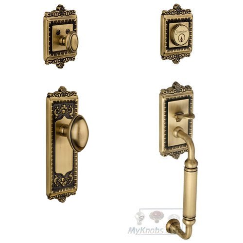 Grandeur Windsor with "C" Grip and Eden Prairie Door Knob in Vintage Brass