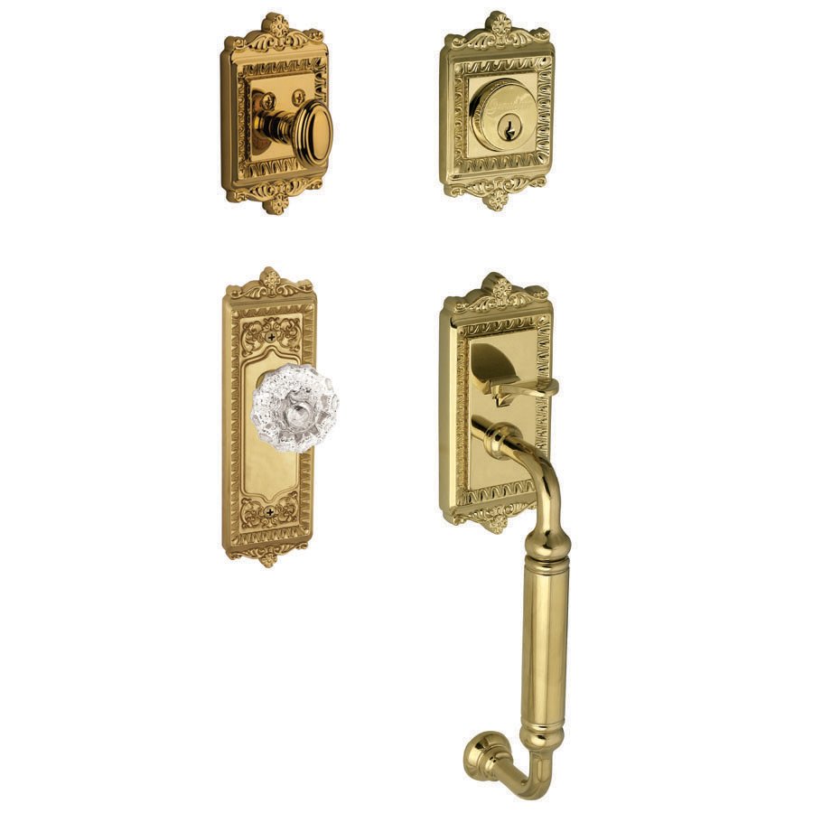 Grandeur Windsor with "C" Grip and Fontainebleau Crystal Door Knob in Lifetime Brass