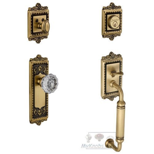 Grandeur Windsor with "C" Grip and Fontainebleau Crystal Door Knob in Vintage Brass