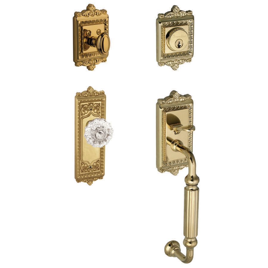 Grandeur Windsor with "F" Grip and Fontainebleau Crystal Door Knob in Lifetime Brass