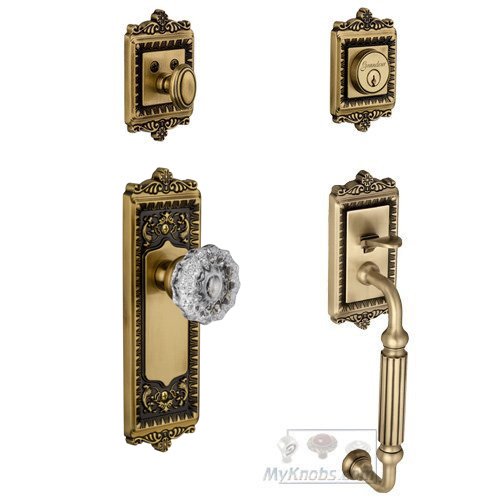 Grandeur Windsor with "F" Grip and Fontainebleau Crystal Door Knob in Vintage Brass