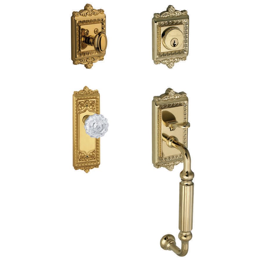 Grandeur Windsor with "F" Grip and Versailles Crystal Door Knob in Lifetime Brass