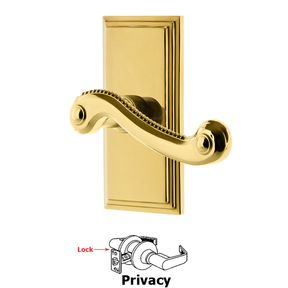 Grandeur Privacy Carre Plate with Newport Right Handed Lever in Polished Brass