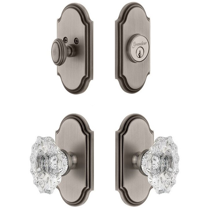 Grandeur Handleset - Arc Plate With Biarritz Crystal Knob & Matching Deadbolt In Antique Pewter