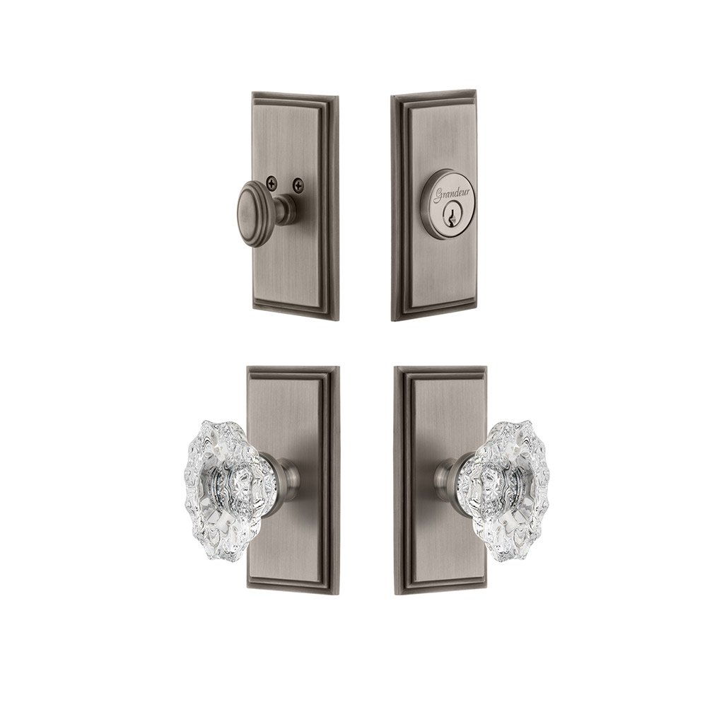 Grandeur Handleset - Carre Plate With Biarritz Crystal Knob & Matching Deadbolt In Antique Pewter