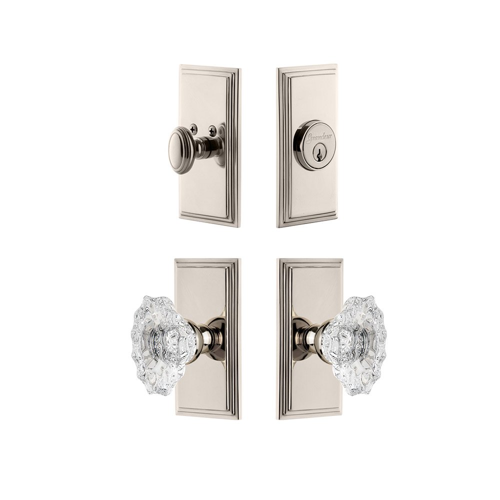 Grandeur Handleset - Carre Plate With Biarritz Crystal Knob & Matching Deadbolt In Polished Nickel