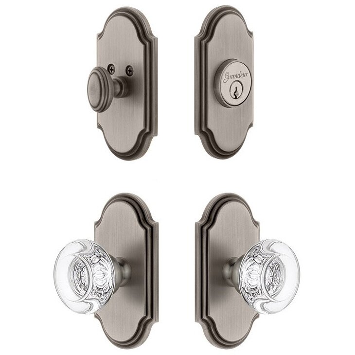 Grandeur Handleset - Arc Plate With Bordeaux Crystal Knob & Matching Deadbolt In Antique Pewter