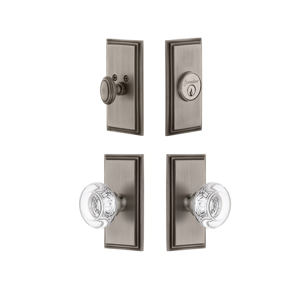 Grandeur Handleset - Carre Plate With Bordeaux Crystal Knob & Matching Deadbolt In Antique Pewter