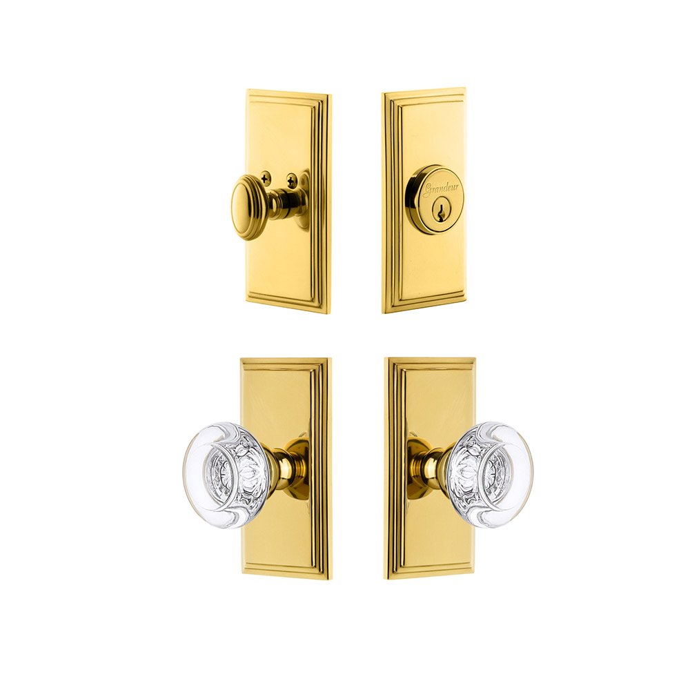 Grandeur Handleset - Carre Plate With Bordeaux Crystal Knob & Matching Deadbolt In Lifetime Brass