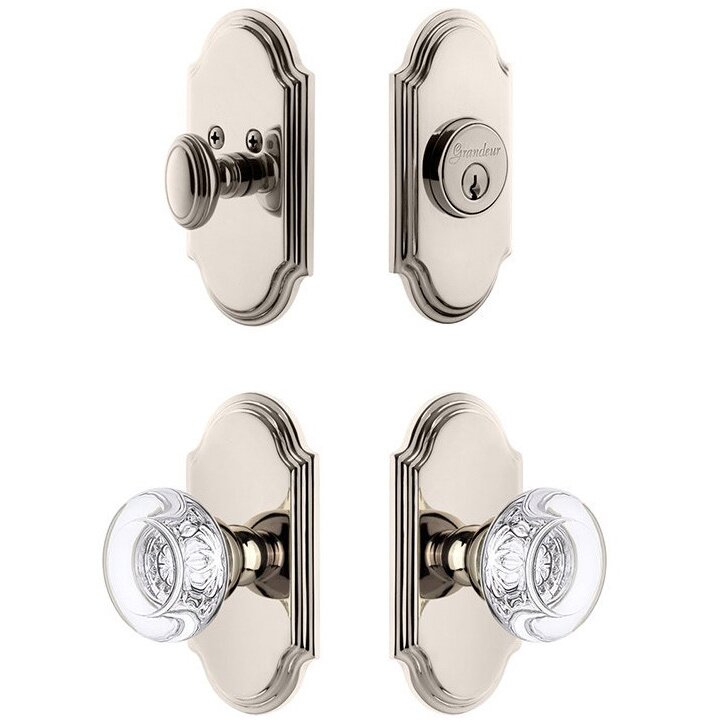 Grandeur Handleset - Arc Plate With Bordeaux Crystal Knob & Matching Deadbolt In Polished Nickel