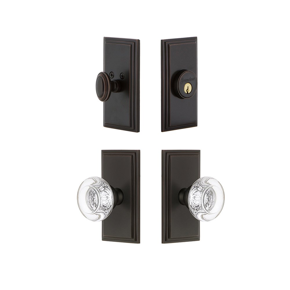 Grandeur Handleset - Carre Plate With Bordeaux Crystal Knob & Matching Deadbolt In Timeless Bronze