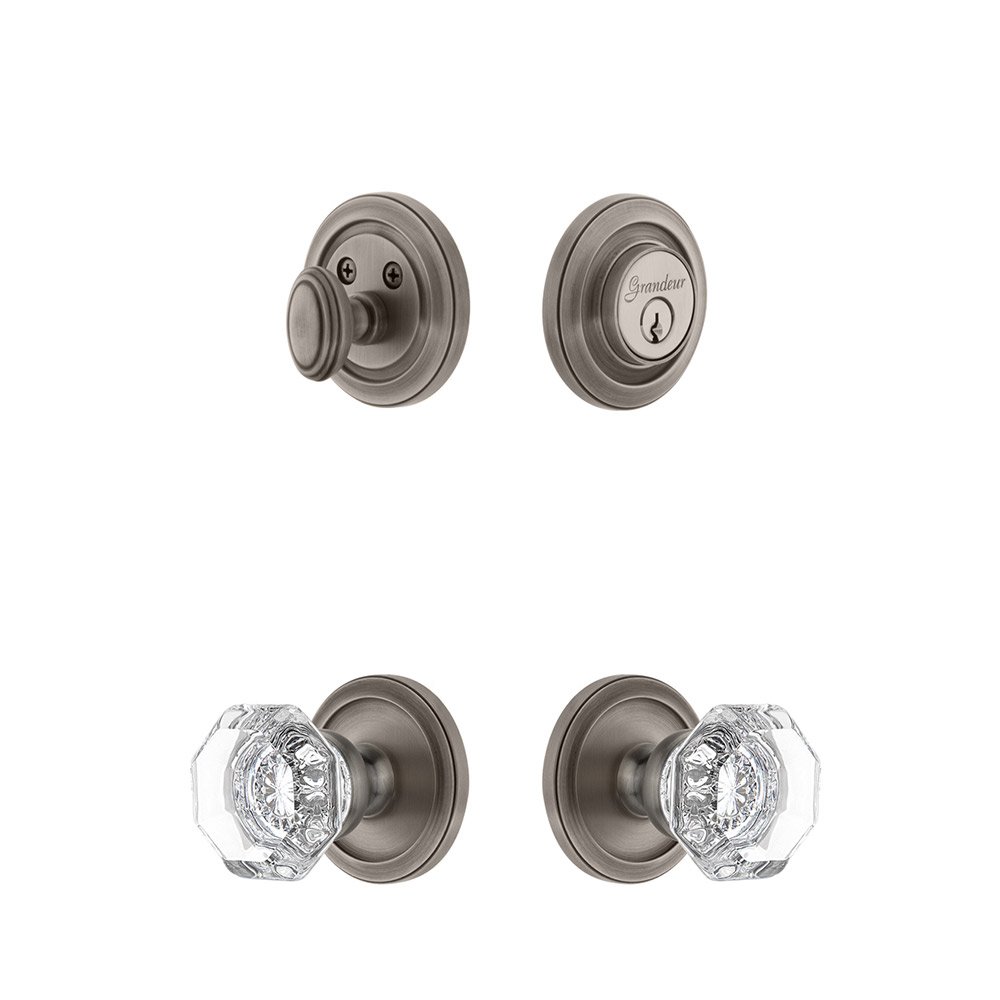 Grandeur Handleset - Circulaire Rosette With Chambord Crystal Knob & Matching Deadbolt In Antique Pewter